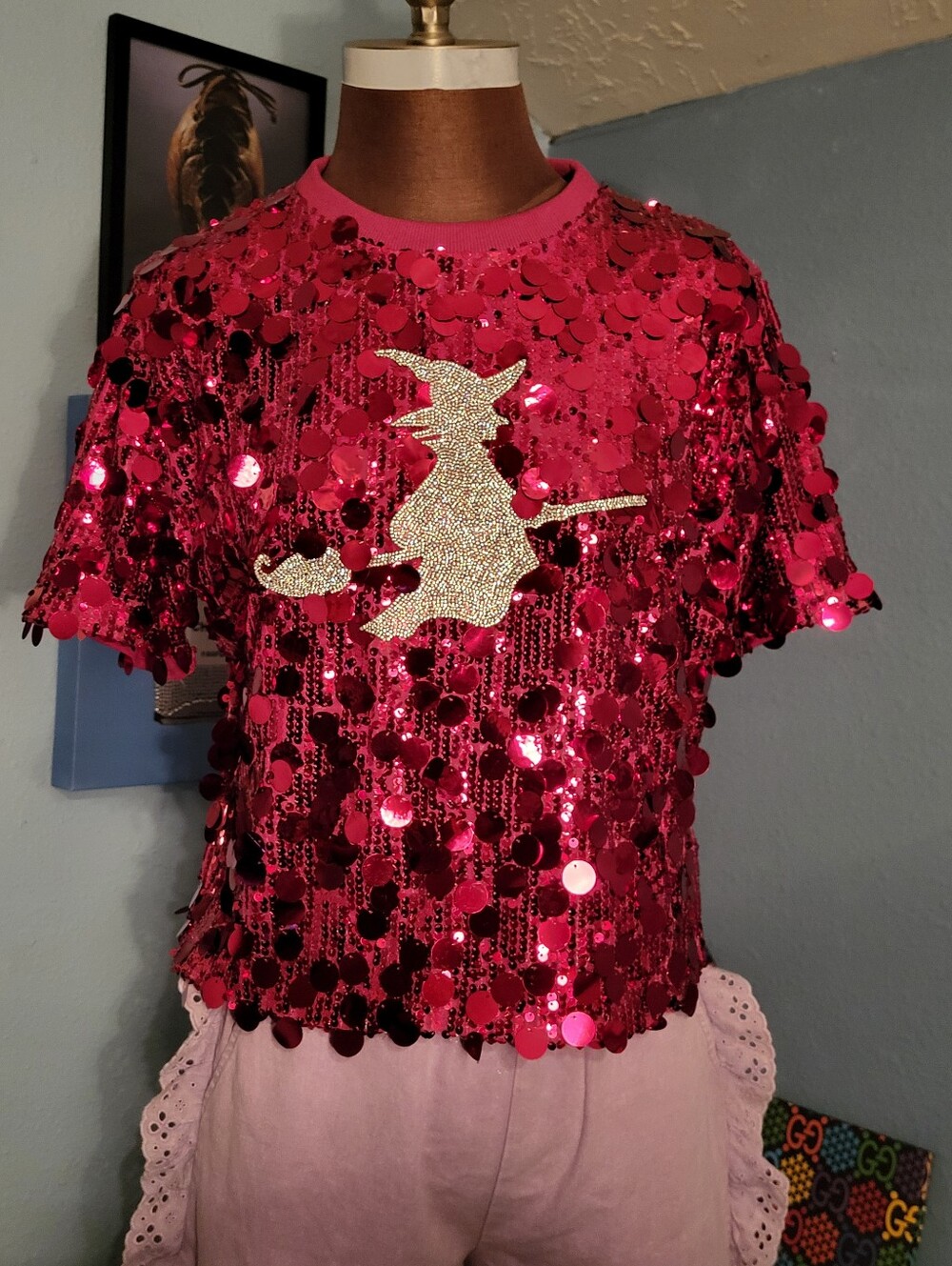 Judith March Sequin & Rhinestone Witch On Broom Top - Picture 3 of 12